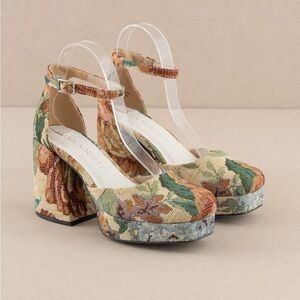 Floral Tapestry Chunky Platform Mary Jane Heels with Square Toe - Oasis …